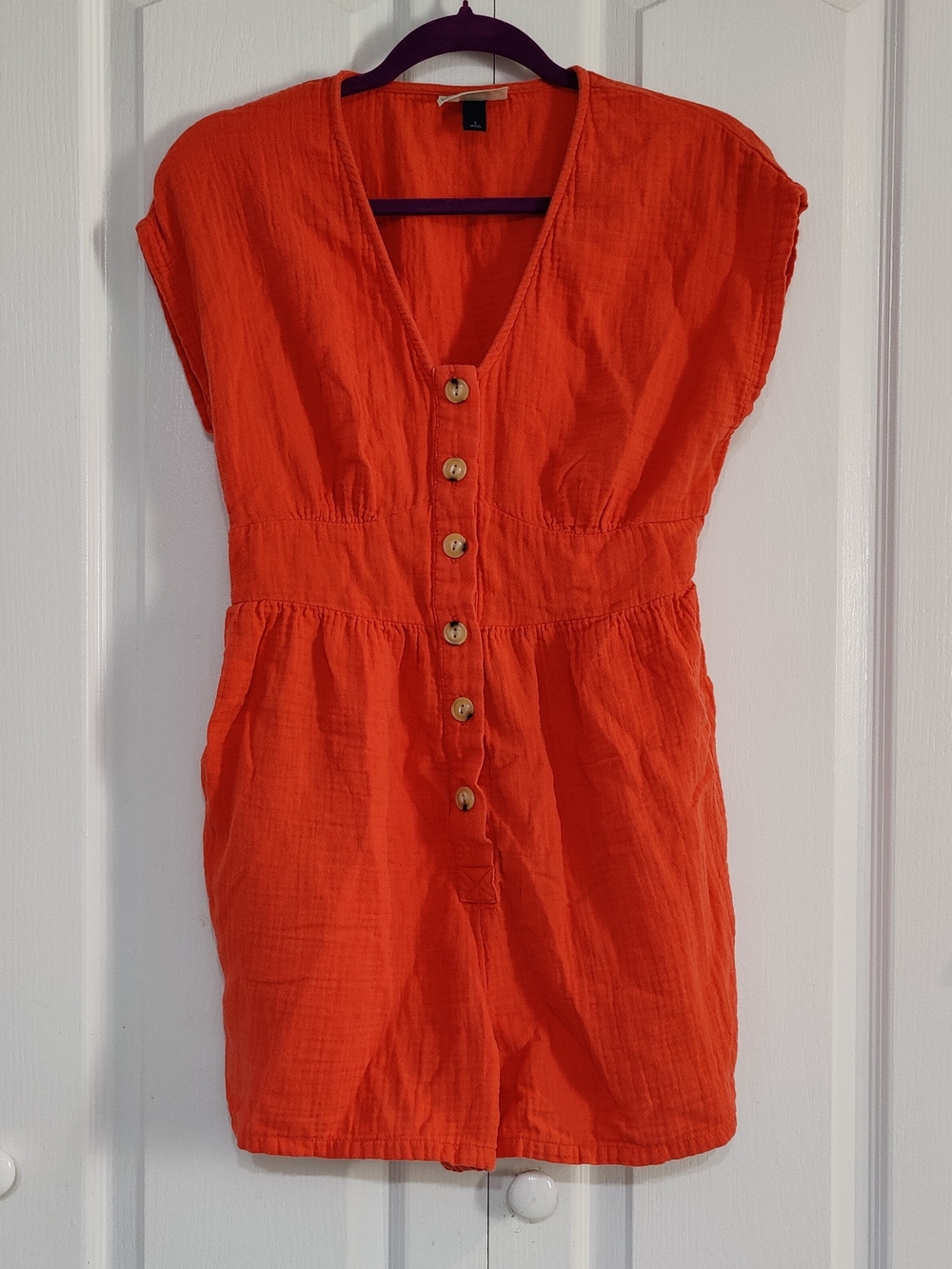 Universal Thread Button Front Romper Pockets Coral Orange Cotton V-neck Small